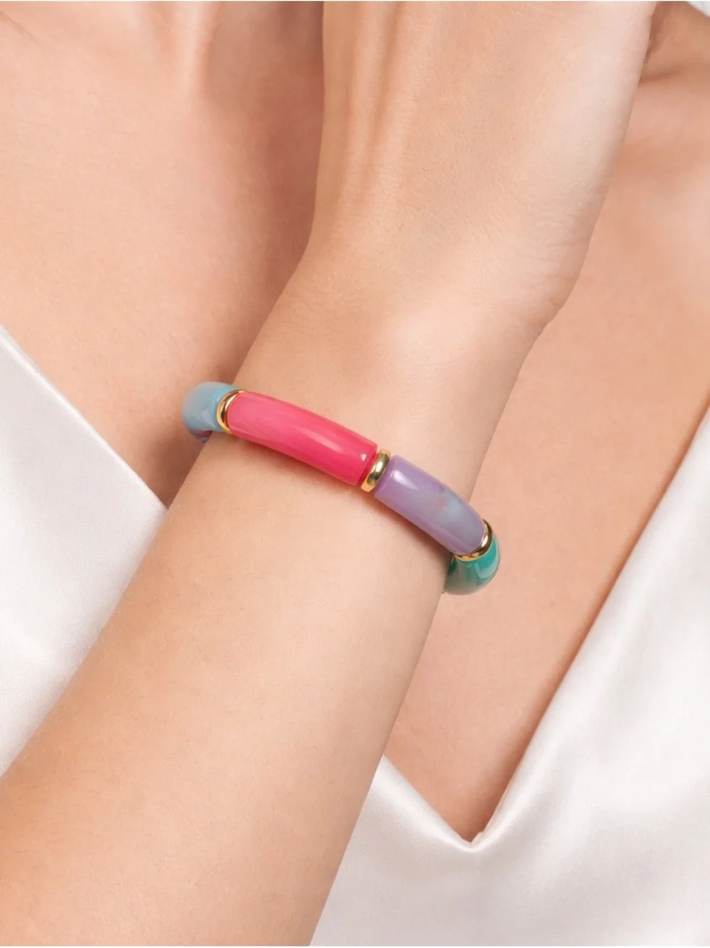 Colorful Tube Bead Bangle | Bamboo Style Stretch Bracelet